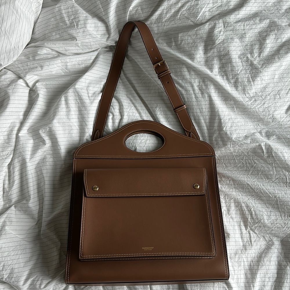 Burberry smooth calfskin medium pocket bag in malt brown